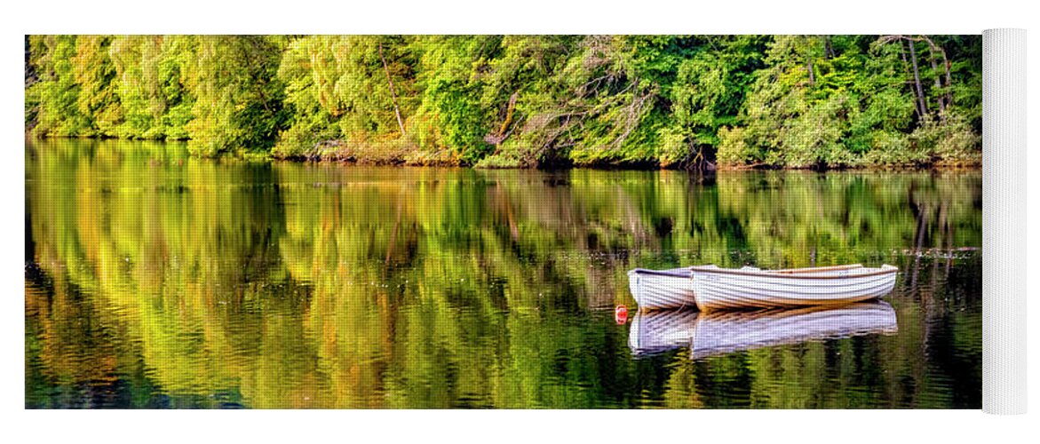 Boats Yoga Mat featuring the photograph Two White Rowboats on the Lake at Pitlochry by Debra and Dave Vanderlaan