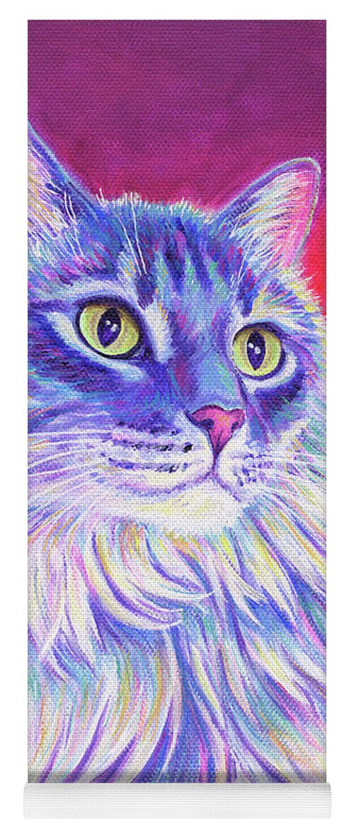 Cat Yoga Mat featuring the painting Vibrant Longhaired Gray Tabby Cat by Rebecca Wang