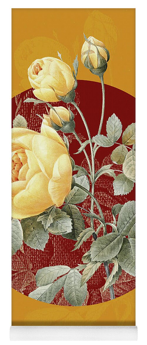 Vintage Yoga Mat featuring the mixed media Vintage Botanical Yellow Rose on Circle Red on Yellow by Holy Rock Design