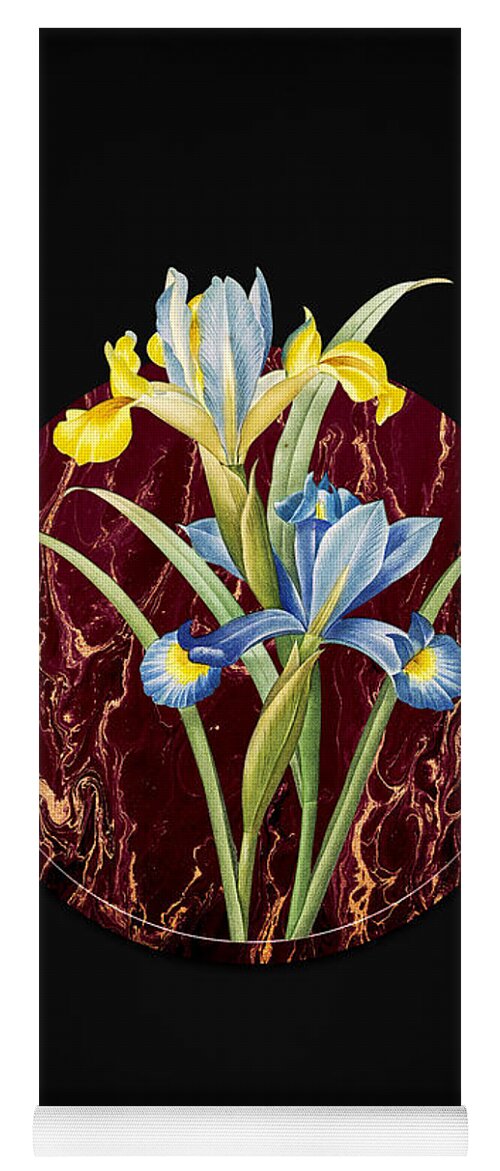 Vintage Yoga Mat featuring the painting Vintage Spanish Iris Art in Gilded Marble on Shadowy Black by Holy Rock Design