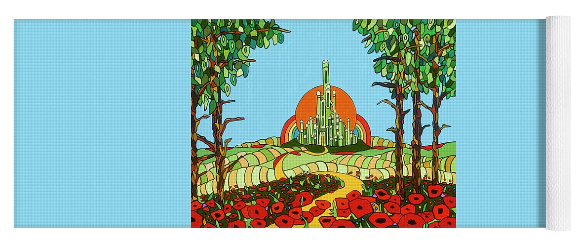 Wizard Of Oz Emerald City Off To See The Wizard Poppies Yellow Brick Road Yoga Mat featuring the painting Visiting Oz by Mike Stanko