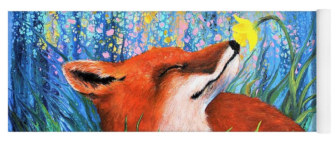 Wall Art Home Décor Vulpes Spring Red Fox Gift Idea Acrylic Painting Abstract Painting Flower Yellow Flower Yellow Daffodil Fox Spring Orange And Blue Color Yoga Mat featuring the painting Vulpes Spring by Tanya Harr