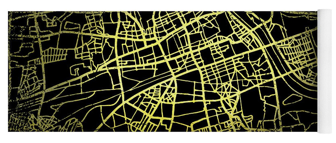 Map Yoga Mat featuring the digital art Warsaw Map in Gold and Black by Sambel Pedes