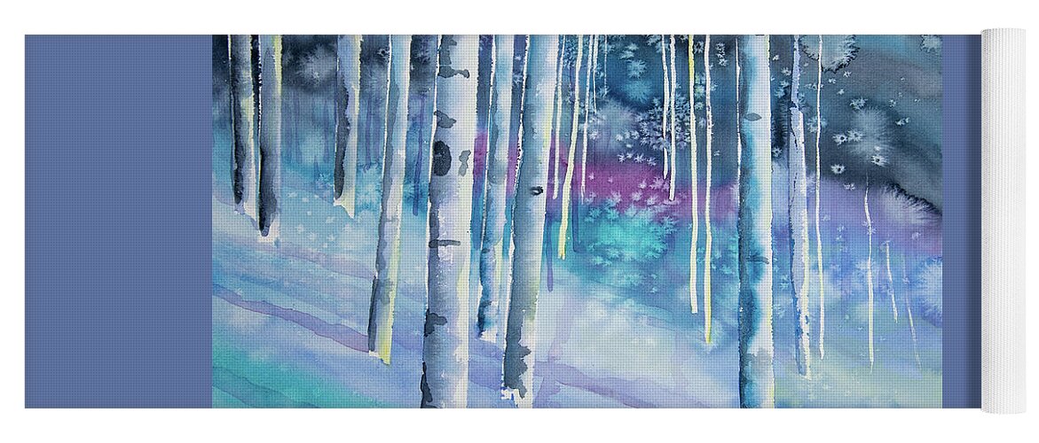 Aspen Yoga Mat featuring the painting Watercolor - Aspen on a Snowy Night by Cascade Colors