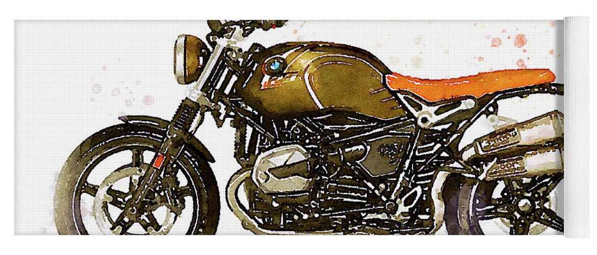Motorbike Paitning Yoga Mat featuring the painting Watercolor BMW NineT SCRAMBLER motorcycle - oryginal artwork by Vart. by Vart