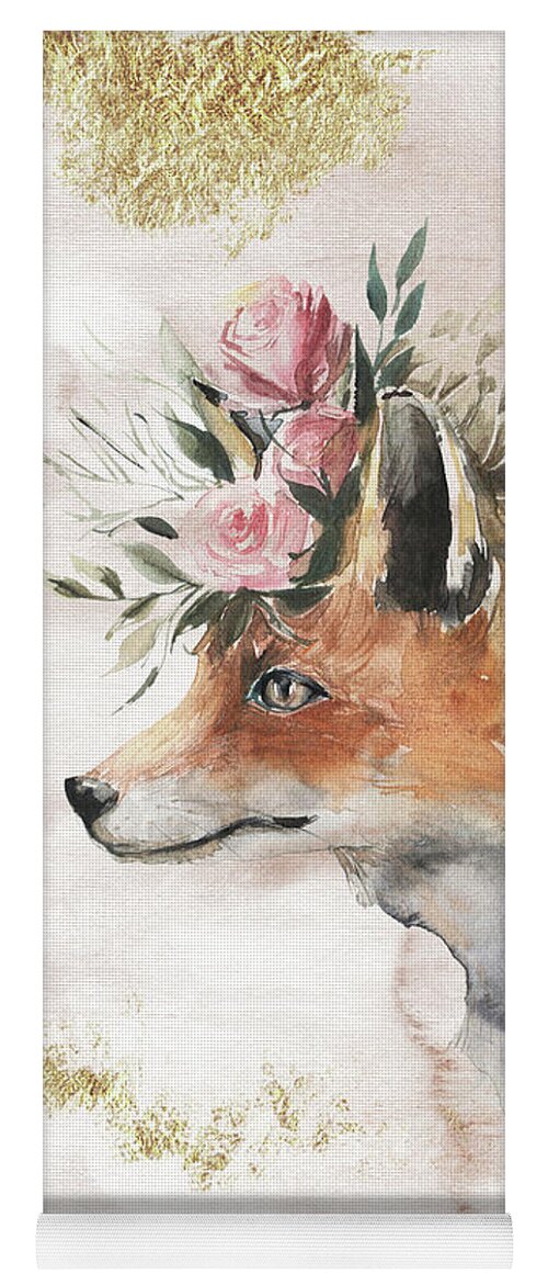 Watercolor Fox Yoga Mat featuring the painting Watercolor Fox With Flowers And Gold by Garden Of Delights