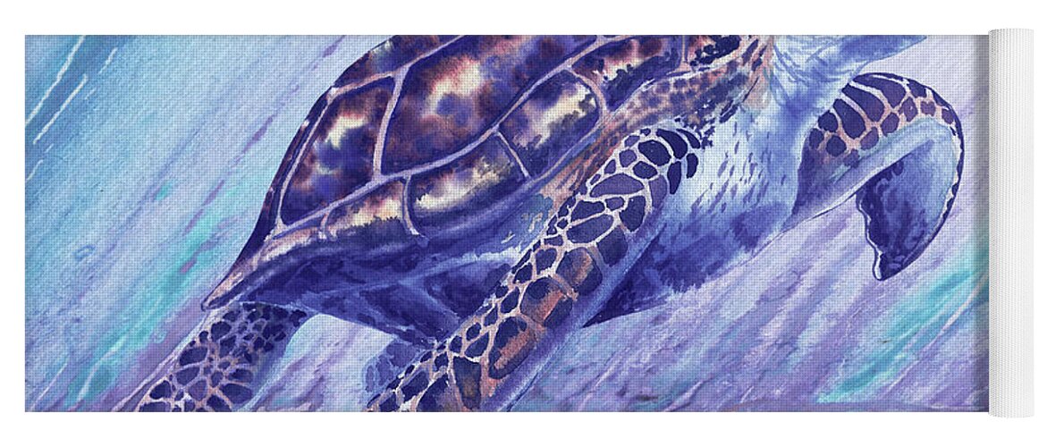 Blue Yoga Mat featuring the painting Watercolor Giant Sea Turtle In Purple Ocean by Irina Sztukowski