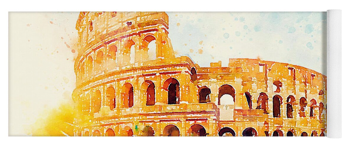 Watercolor Yoga Mat featuring the painting Watercolor Greece Colosseum by Vart by Vart