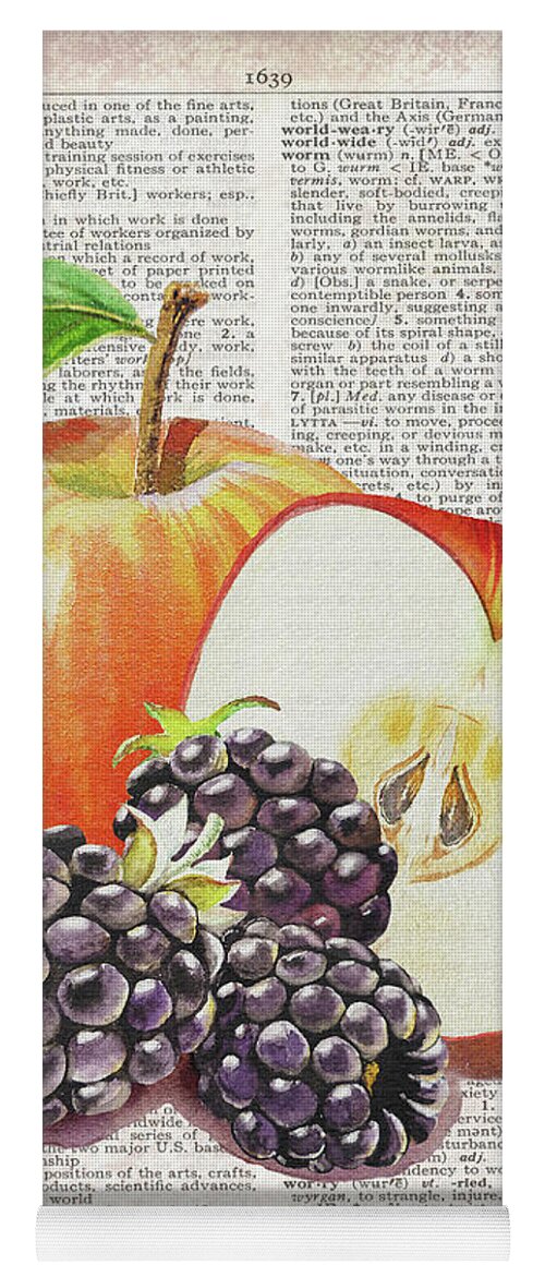 Apple Yoga Mat featuring the painting Watercolor Of Apples And Blackberries On Dictionary Page by Irina Sztukowski