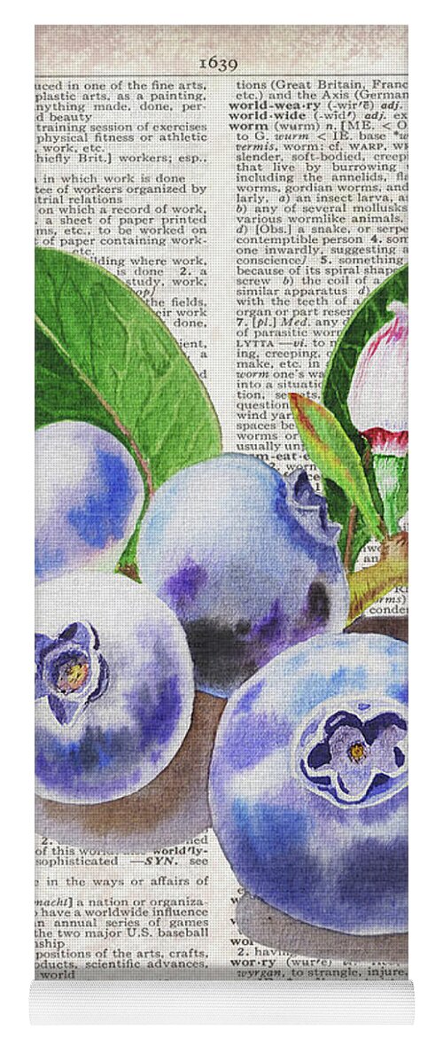 Blueberries Yoga Mat featuring the painting Watercolor Of Blueberries On Dictionary Page Work Of Art by Irina Sztukowski