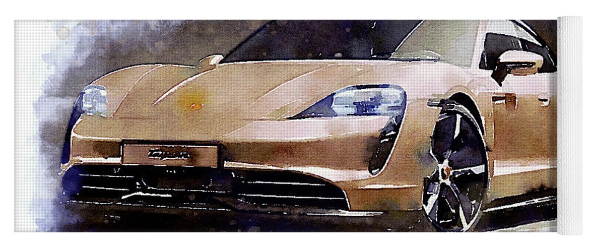 Watercolor Yoga Mat featuring the painting Watercolor Porsche Taycan - oryginal artwork by Vart. by Vart Studio