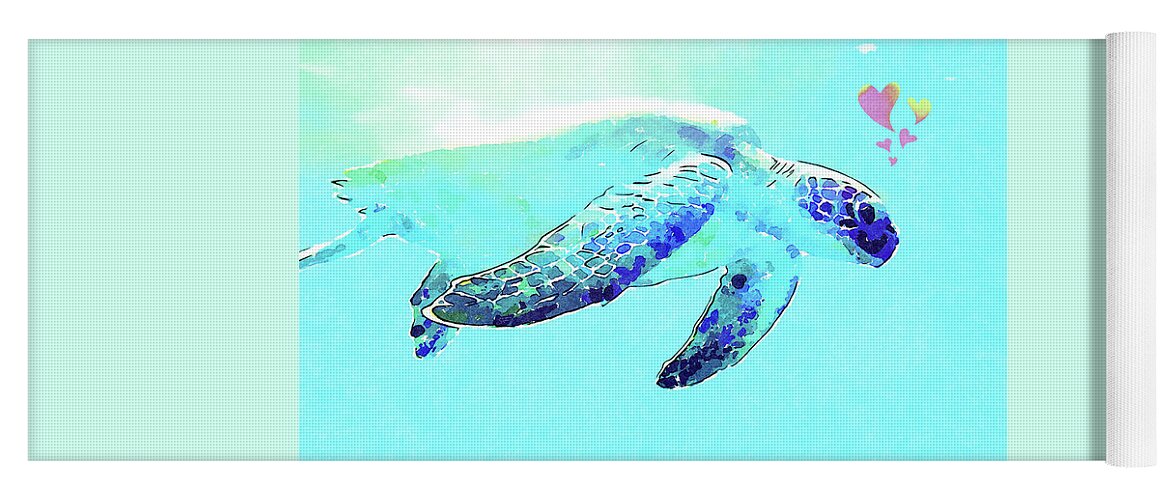 Watercolor Yoga Mat featuring the mixed media Watercolor Sea Turtle Love- Animal Wildlife Painting by Shelli Fitzpatrick