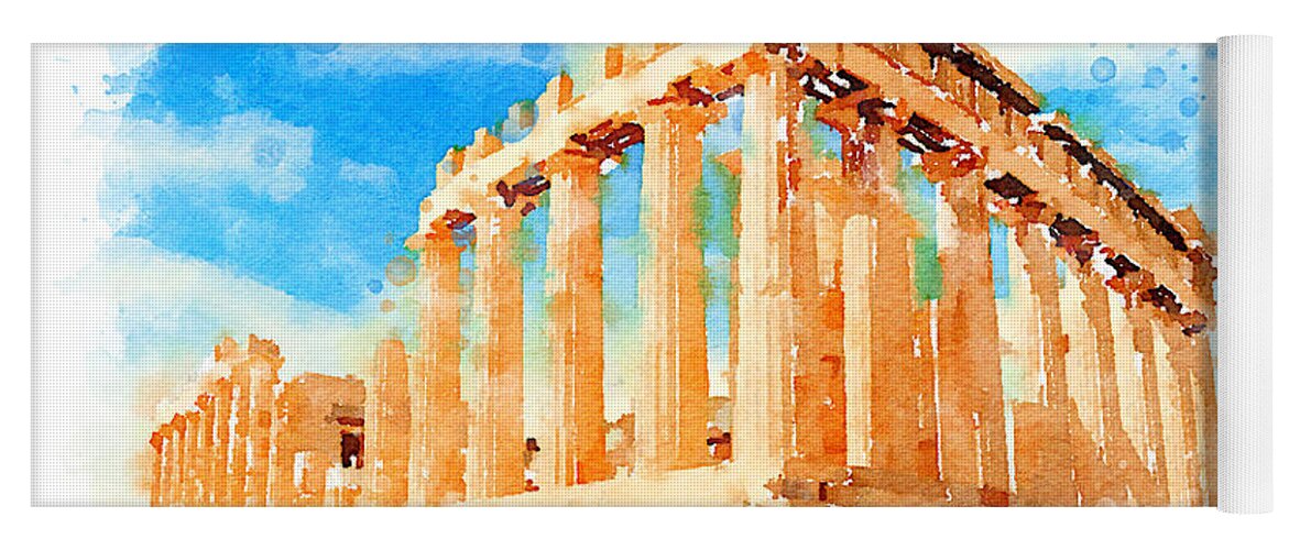 Vart Yoga Mat featuring the painting Watercolor. The Parthenon, Greece by Vart by Vart