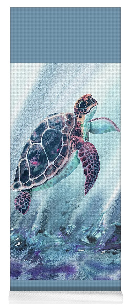 Blue Yoga Mat featuring the painting Watercolor Turtle In Deep Teal Blue Sea by Irina Sztukowski