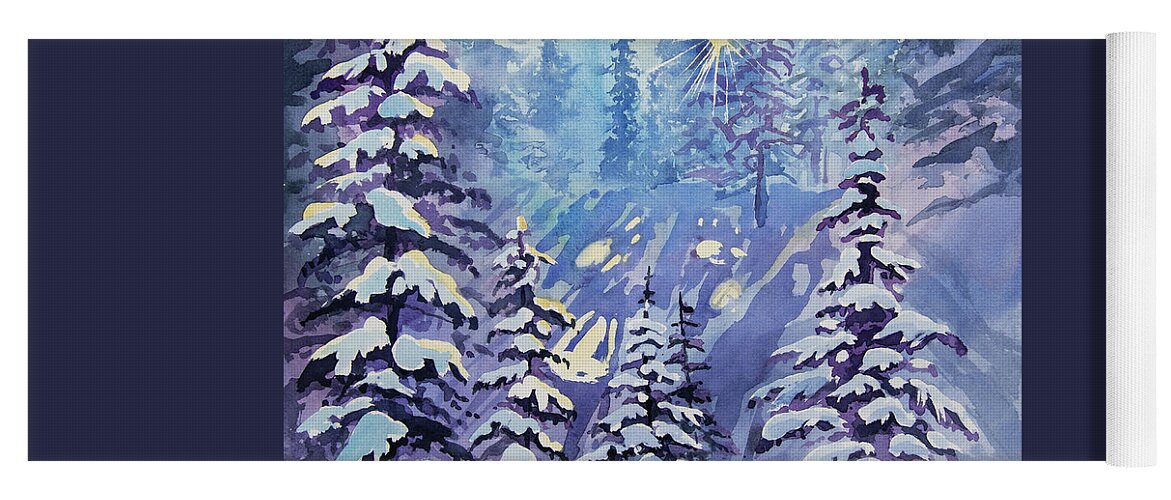 Winter Yoga Mat featuring the painting Watercolor - Winter Snowy Forest with Sunburst by Cascade Colors