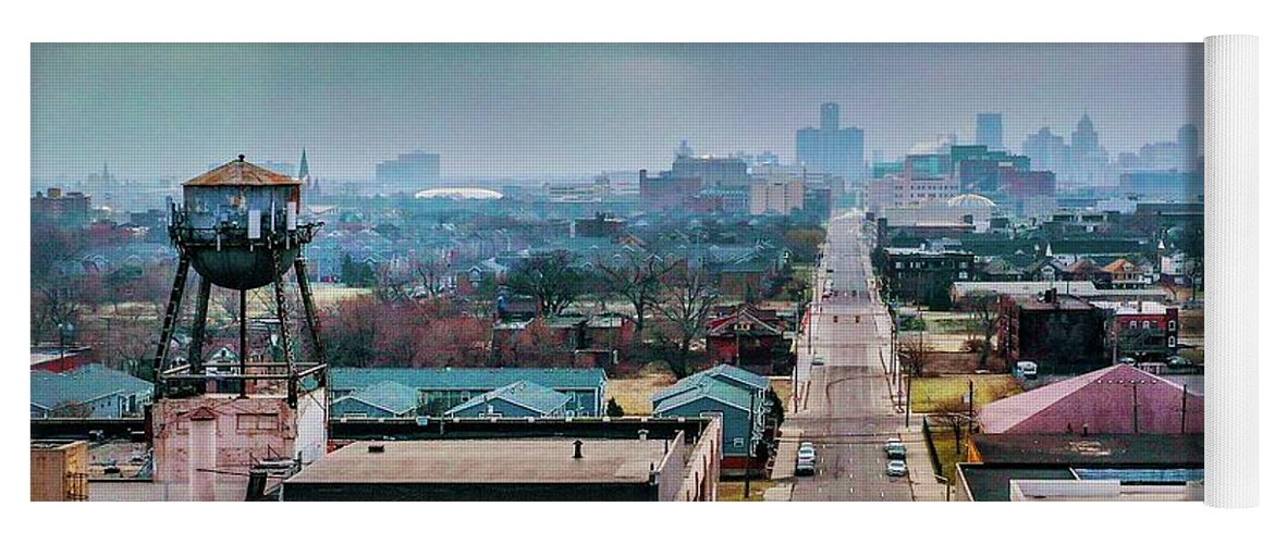 Detroit Yoga Mat featuring the photograph Watertower Skyline V2 DJI_0690 by Michael Thomas