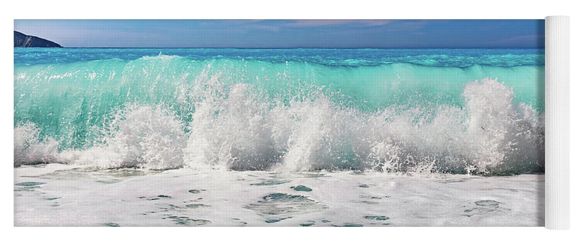 Sea Yoga Mat featuring the photograph Waves crashing Ionian sea in Greece. by Michal Bednarek