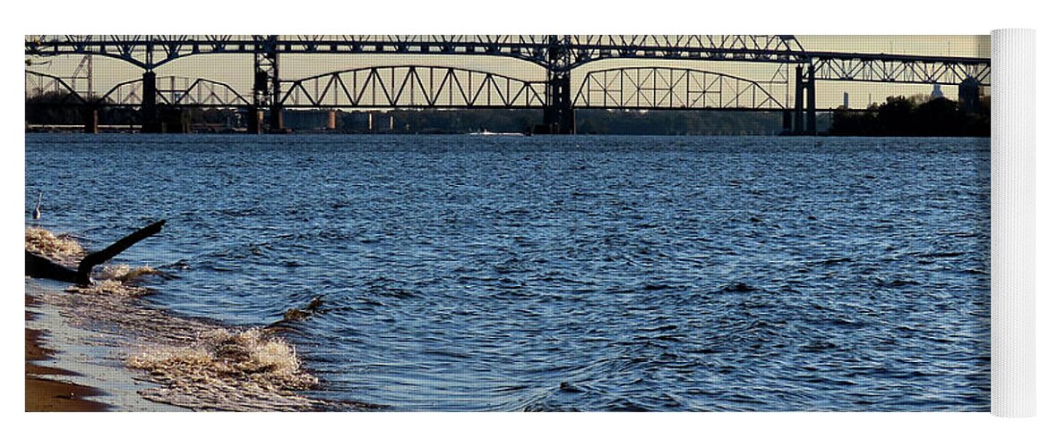 River Yoga Mat featuring the photograph Waves Lapping the Shore of the Delaware River Near Betsy Ross and Delair Memorial Railroad Bridges by Linda Stern