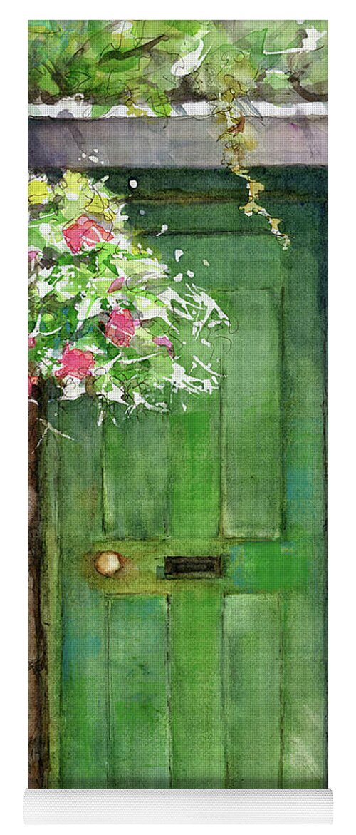 Painting Weathered Door Yoga Mat featuring the painting Weathered door and flowers by Rebecca Matthews