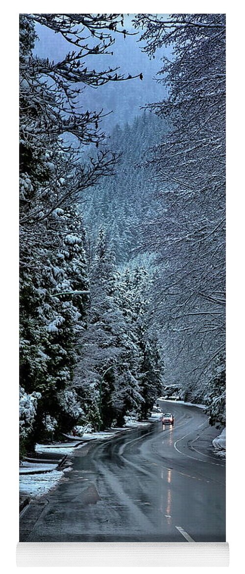 Alex Lyubar Yoga Mat featuring the photograph Wet Winter Road to Grouse Mountain by Alex Lyubar