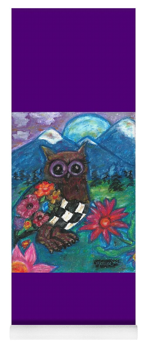 Owl Yoga Mat featuring the painting Whimsical Owl in Mountain Landscape by Monica Resinger