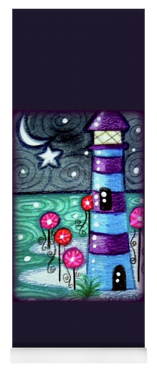 Whimsical Yoga Mat featuring the painting Whimsical Purple Blue Lighthouse by Monica Resinger
