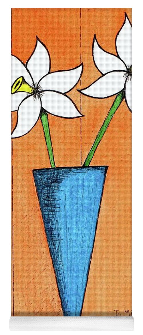 Mid Century Flowers Yoga Mat featuring the painting Whimsical White Flowers in Blue Vase by Donna Mibus