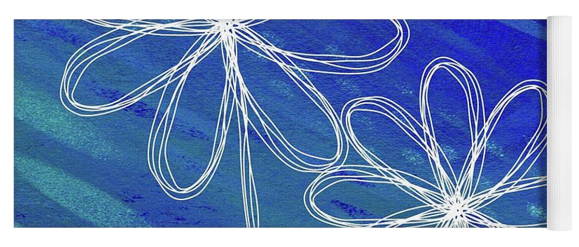 Retro Flowers Yoga Mat featuring the mixed media White Abstract Flowers on Blue and Green by Donna Mibus