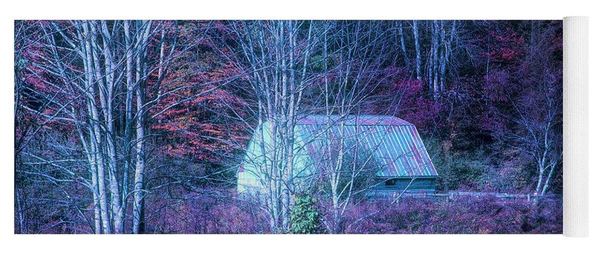 Barns Yoga Mat featuring the photograph White Barn Farm Creeper Trail in Autumn Evening Fall Colors Dama by Debra and Dave Vanderlaan