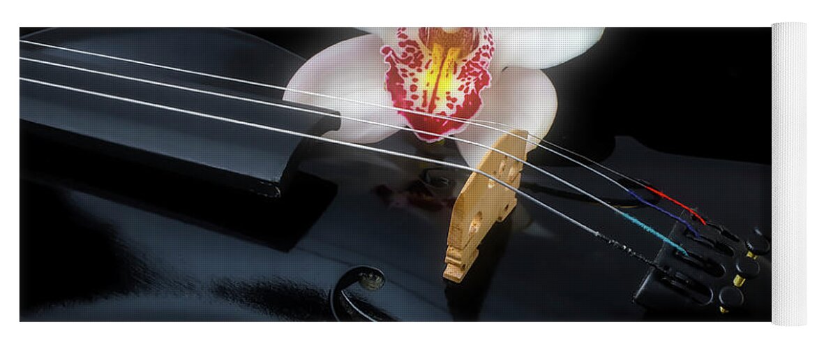 Violin Yoga Mat featuring the photograph White Orchid And Black Violin by Garry Gay