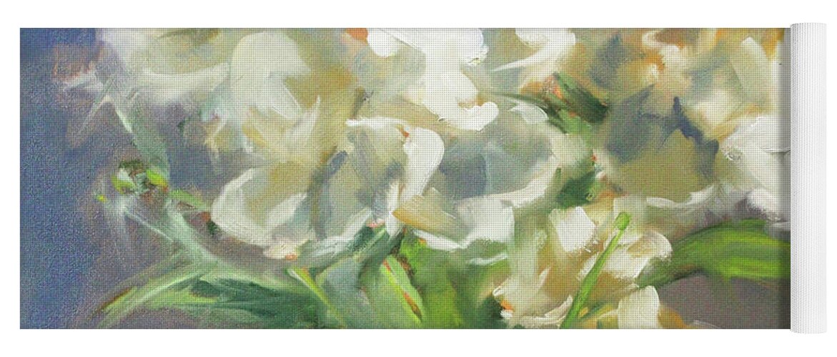 White Peonies Yoga Mat featuring the painting White Peonies detail by Roxanne Dyer