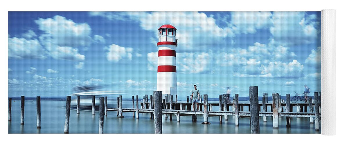 Destinations Yoga Mat featuring the photograph White-red lighthouse in Podersdorf am See by Vaclav Sonnek