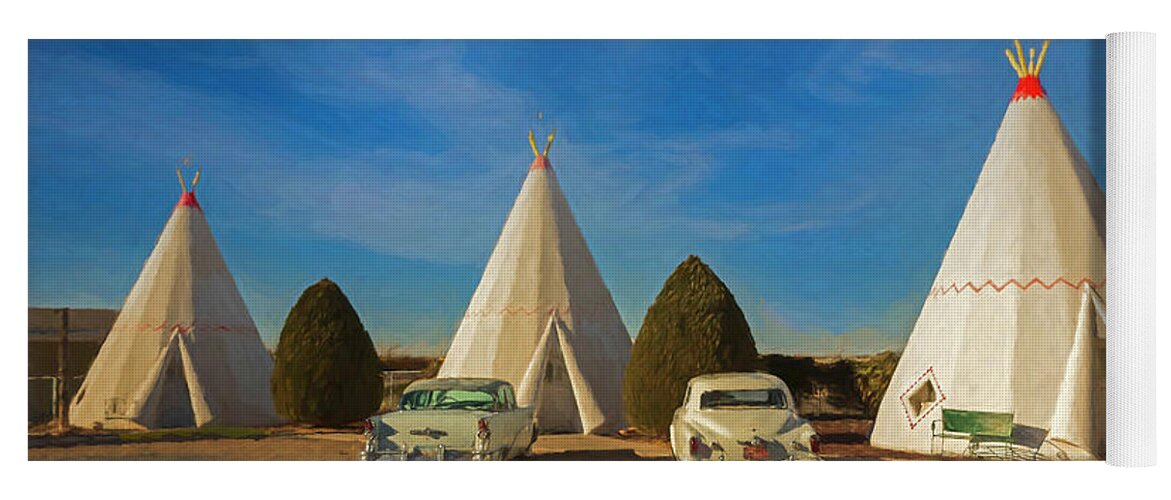 © 2015 Lou Novick All Rights Reserved Yoga Mat featuring the digital art Wigwam Hotel #6 by Lou Novick