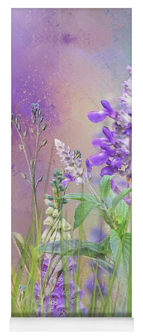 Foxgloves Yoga Mat featuring the mixed media Wild Flowers with Butterfly by Morag Bates