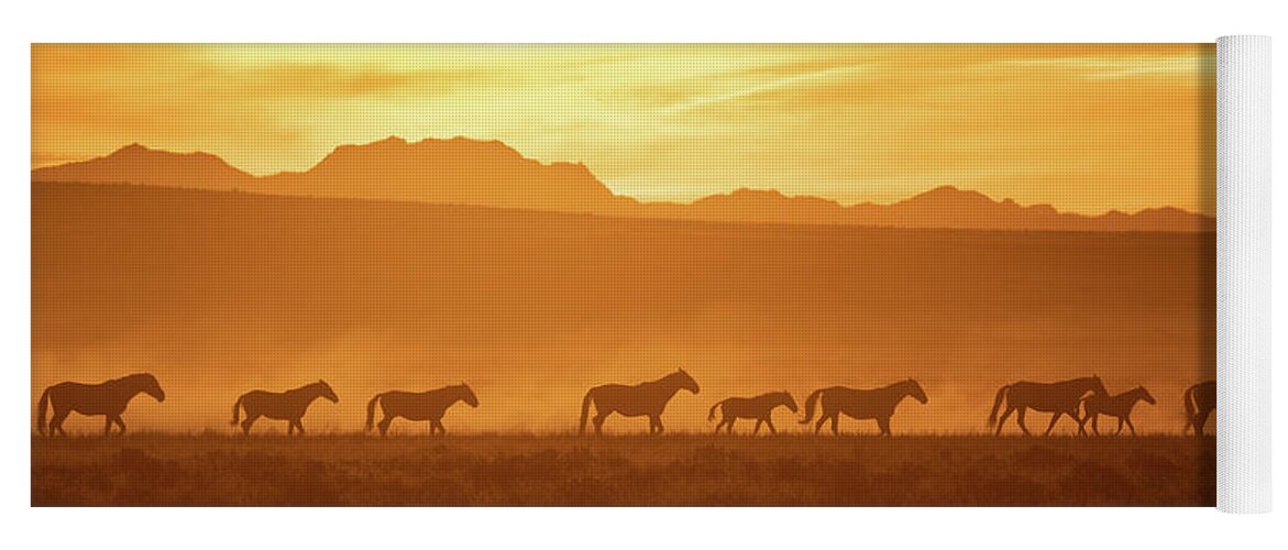 Wild Horses Yoga Mat featuring the photograph Wild Sunset Panorama by Mary Hone