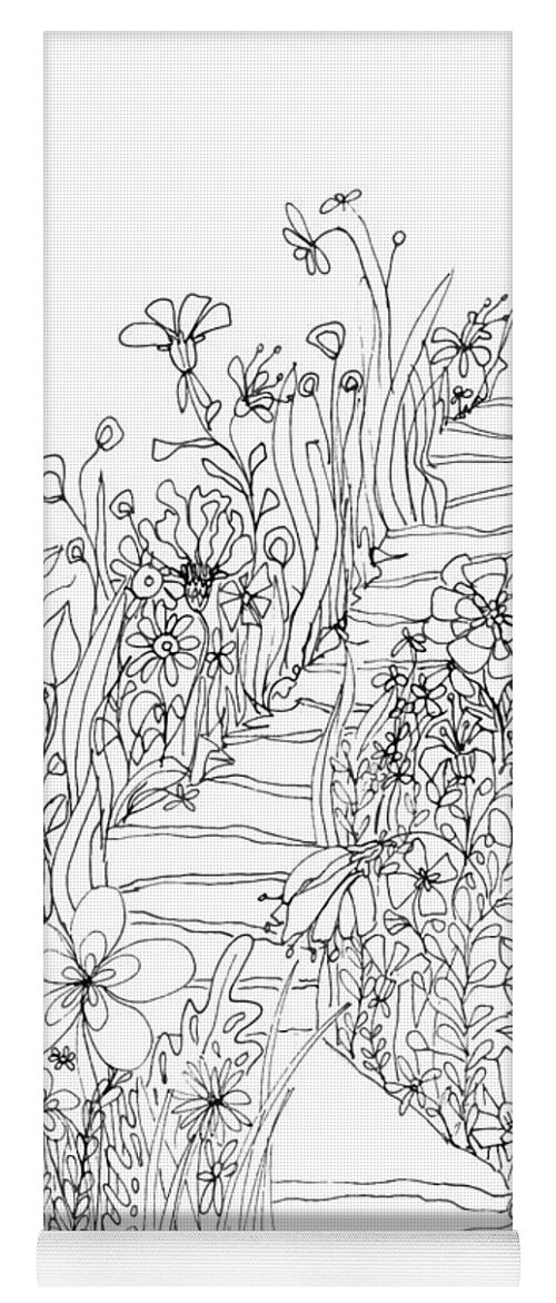 Wildflowers Stairs. Ink Drawing Art Yoga Mat featuring the drawing Wildflowers Stairs - Ink Drawing Art by Patricia Awapara