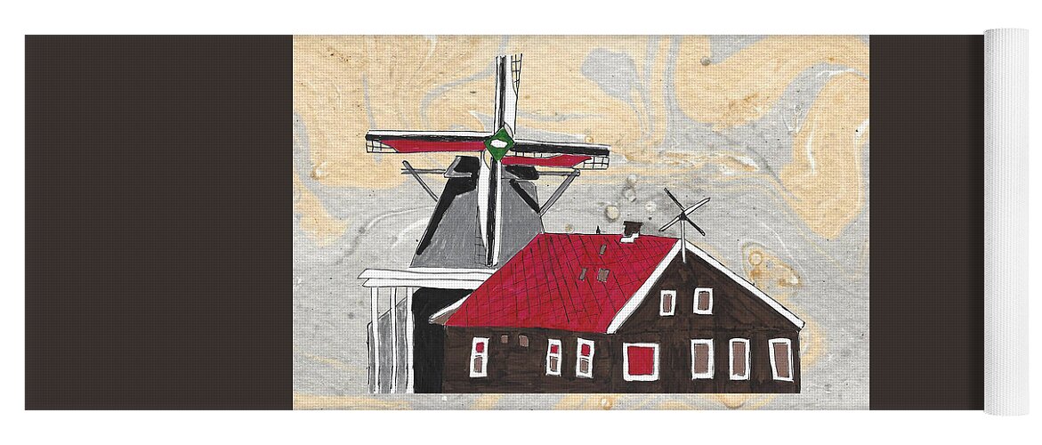 Amsterdam Yoga Mat featuring the mixed media Windmill Amsterdam Skyline Gold and Silver Swirls Background by Ali Baucom
