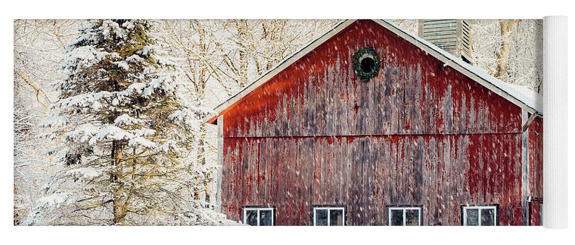 Red Yoga Mat featuring the photograph Winter Barn by Denise Kopko
