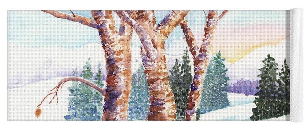 Birch Trees In Winter Yoga Mat featuring the painting Winter Birches by Conni Schaftenaar