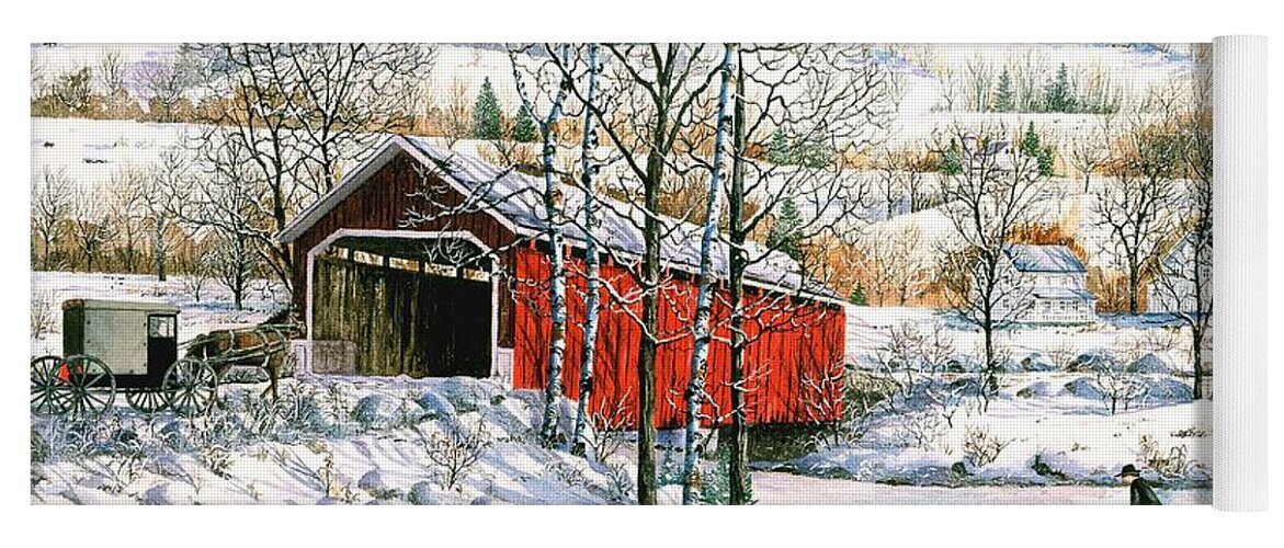 Covered Bridge Yoga Mat featuring the painting Winter Crossing by Diane Phalen