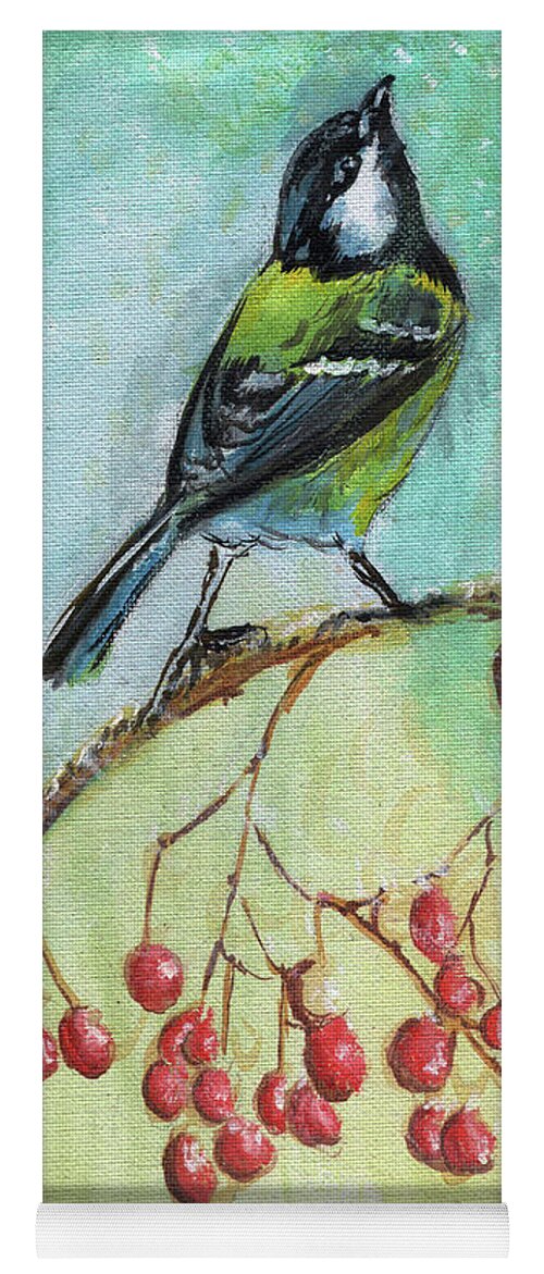 Bird Yoga Mat featuring the painting Winter green bird by Remy Francis