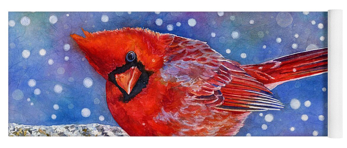 Red Cardinal Yoga Mat featuring the painting Winter Quietude by Hailey E Herrera