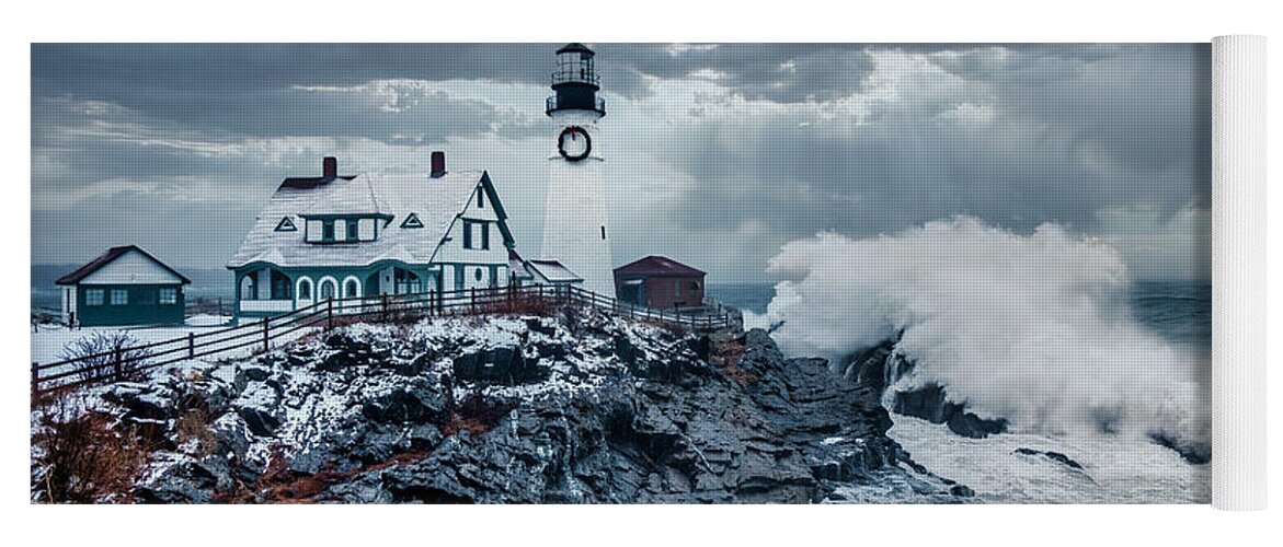 Lighthouse Yoga Mat featuring the photograph Winter Storm, Portland Headlight by Gary Shepard