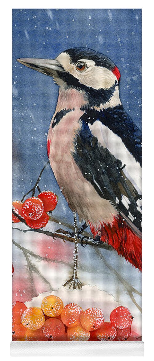 Bird Yoga Mat featuring the painting Winter Woodpecker by Espero Art