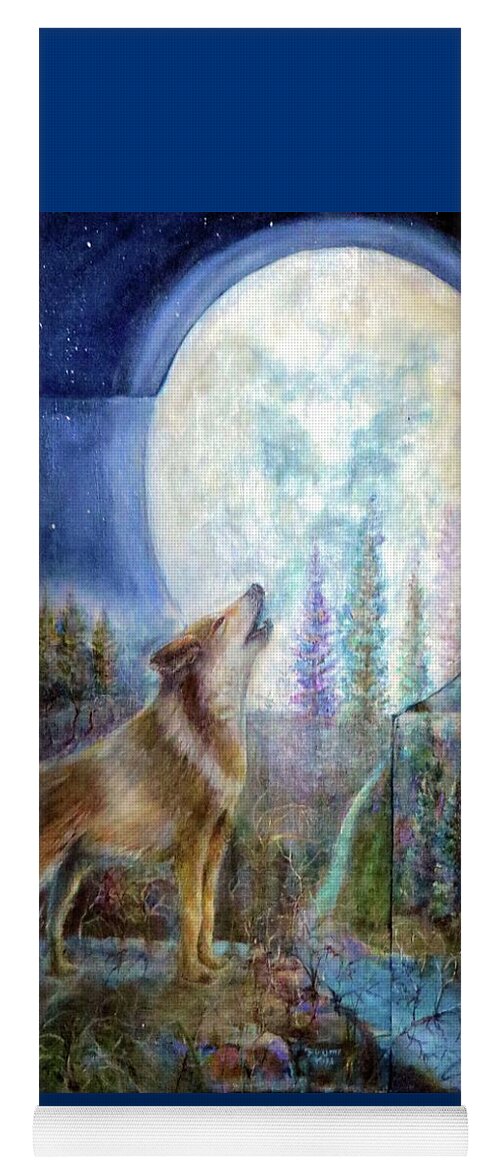 Wolf Yoga Mat featuring the painting Wolf Howling and Full Moon by Bernadette Krupa