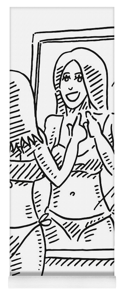 Sketch Yoga Mat featuring the drawing Woman Wearing Bikini Looking In A Mirror Drawing by Frank Ramspott