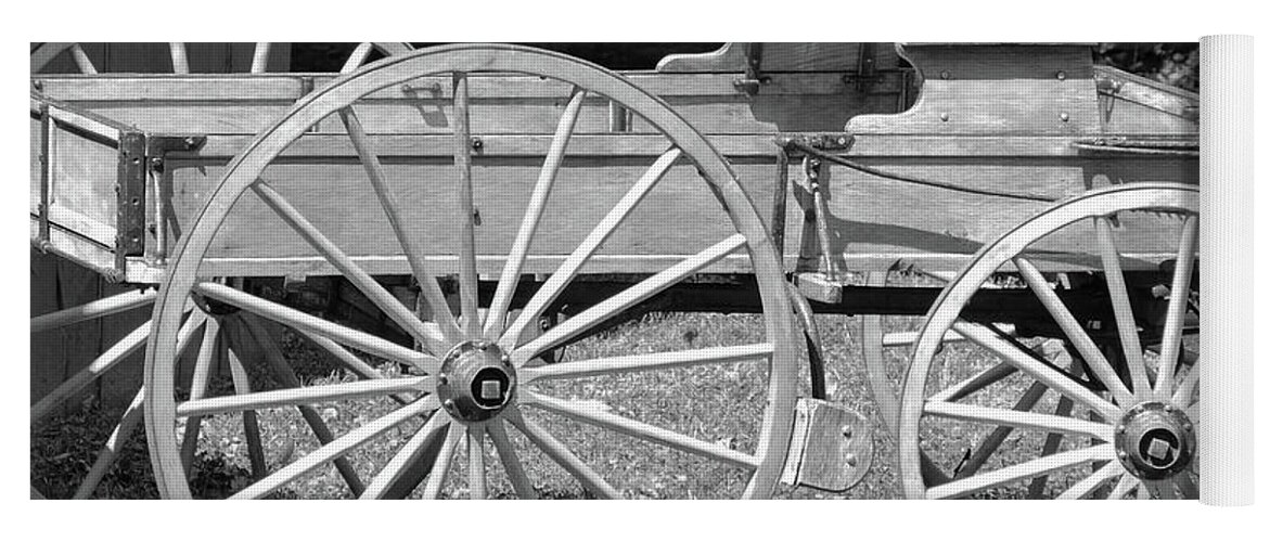 Wagon Yoga Mat featuring the photograph Wooden wagon in black and white by Bentley Davis