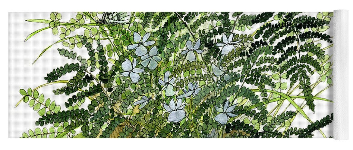 Art Yoga Mat featuring the painting Woodland Ferns with Butterfly and Violets by Laurie Rohner