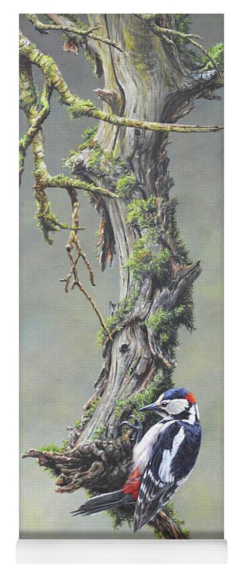 Woodpecker Yoga Mat featuring the painting Woodpecker on branch by Alan M Hunt