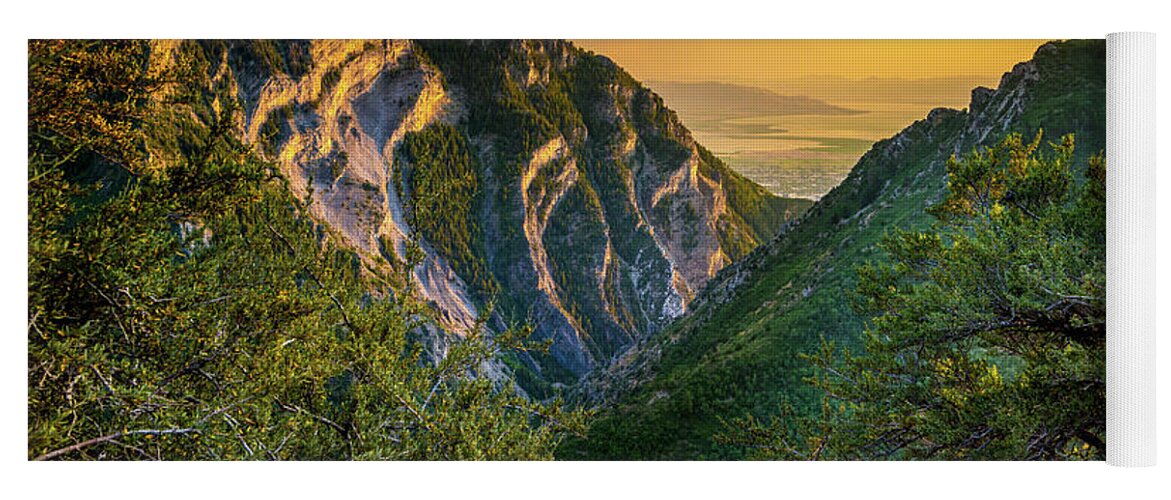 Y Mountain Yoga Mat featuring the photograph Y Mountain above Provo Utah at Sunset by Gary Whitton